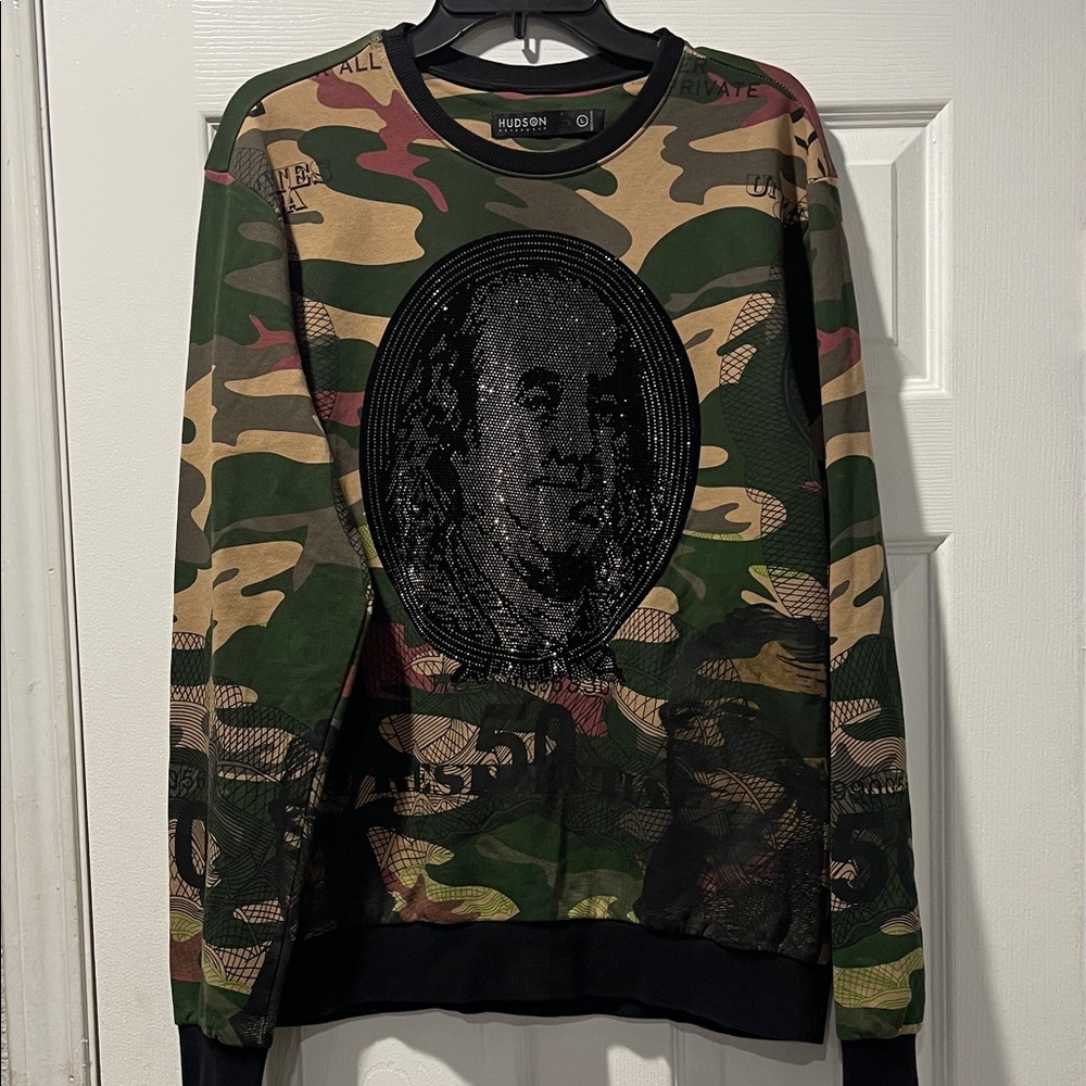 Hudson Jeans Green Camo Sweater with Black Design